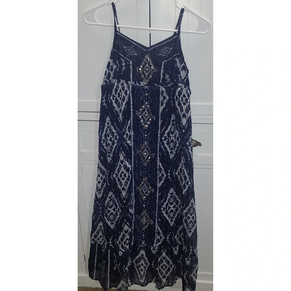 Justice Girls Navy Blue Ikat Maxi Dress Sequin Metallic Shimmer Size 12 Boho